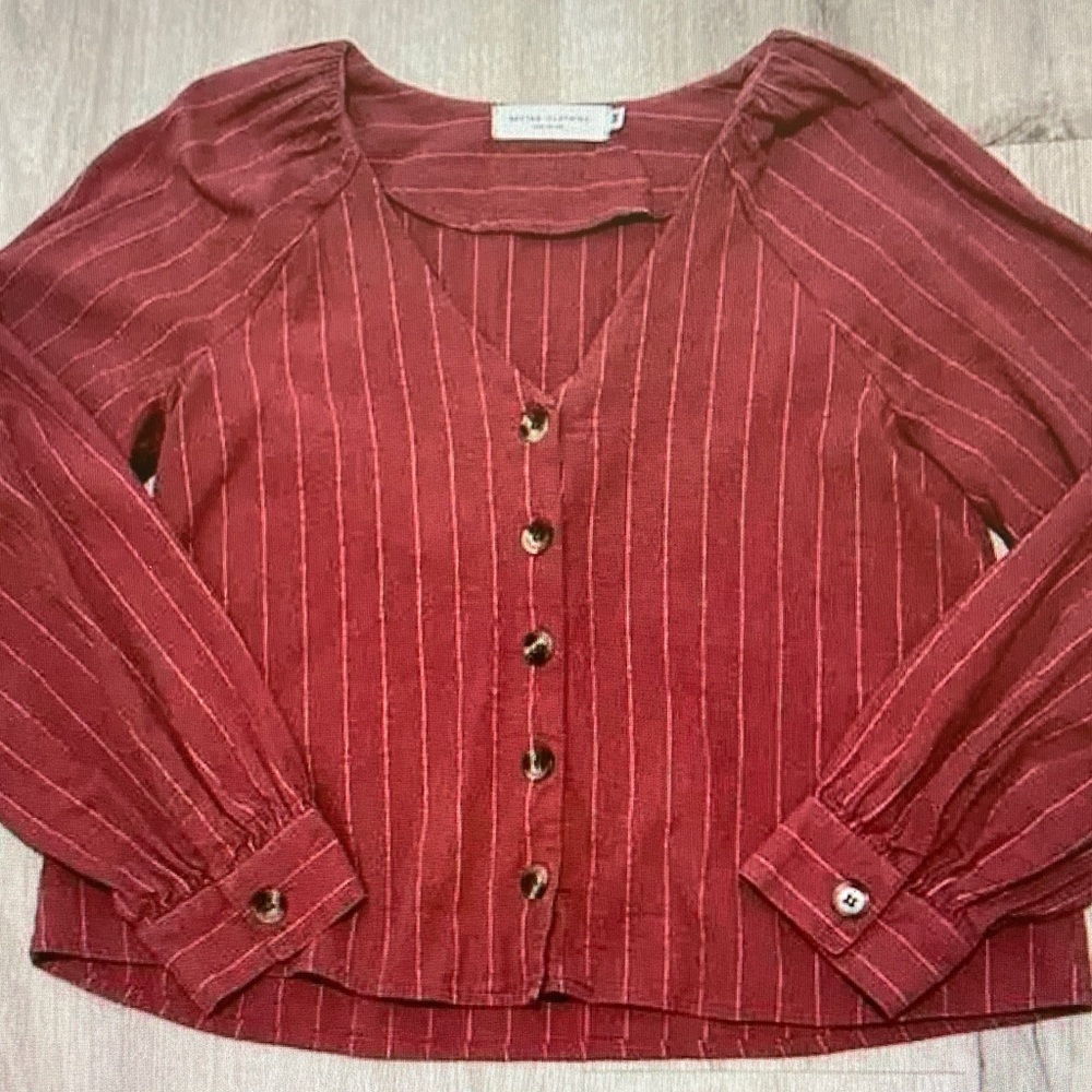 Madewell Rust Red Pinstripe Button-Front V-Neck Blouse